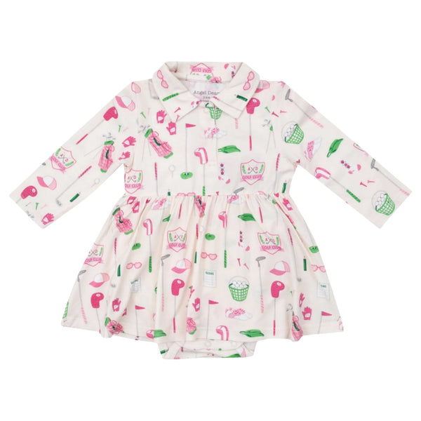 The Angel Dear Golf Club Pink Long-Sleeve Polo Bodysuit Dress by Angel Dear is a charming baby dress with a fun pink and green pattern adorned with flamingos, ice cream cones, sunglasses, and other summery motifs. It features a collar, an integrated bodysuit for convenience, and is crafted from soft viscose from bamboo for maximum comfort. Additionally, it's machine washable!