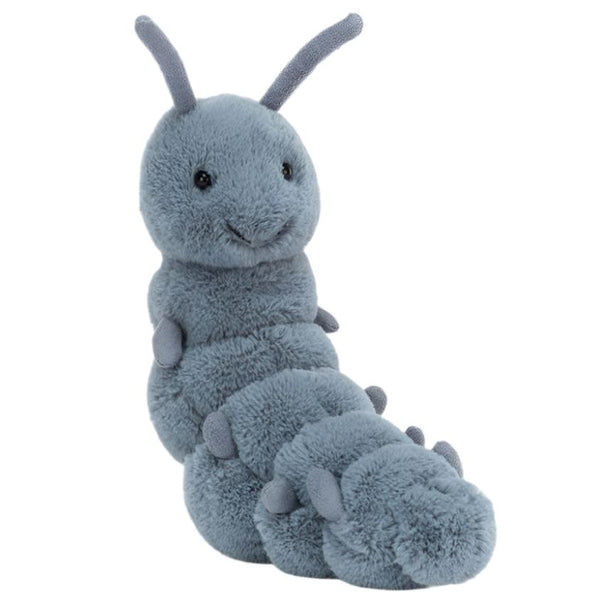 The Jellycat Wriggidig Bug by Jellycat is a plush caterpillar toy with a grey-blue body, black eyes, and a small smile. It features multiple segments, protruding antennae, and a quirky quilted tummy.