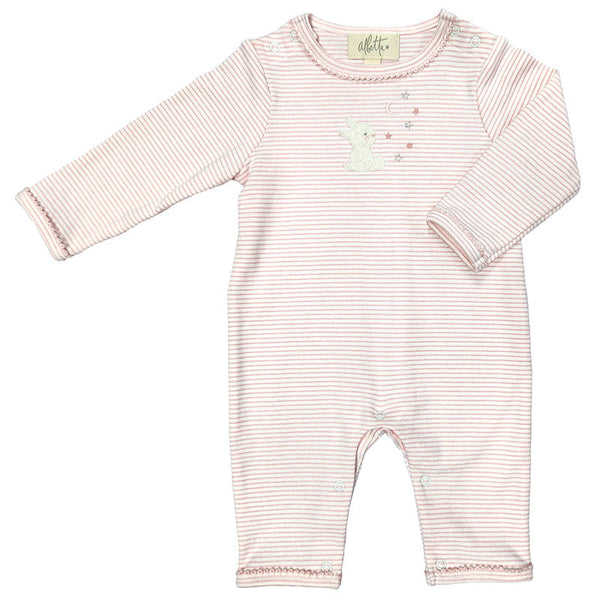 The Albetta Crochet Romper, Dreaming Bunny by Albetta is a pink and white striped infant long-sleeve onesie with snap buttons on the shoulders. Featuring an embroidered bunny design and star accents on the front, this 100% cotton romper showcases intricate embroidered details that add a touch of charm.