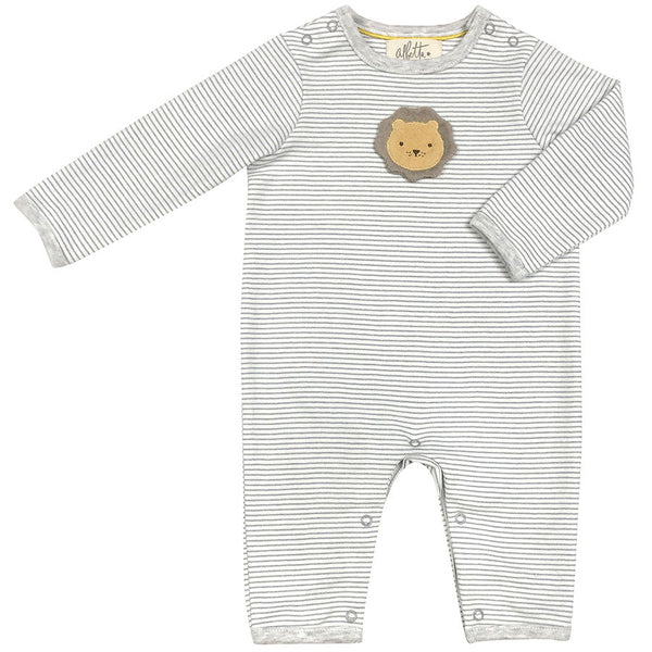 A long-sleeved, grey and white-striped romper featuring a lion face patch on the chest, made from soft organic cotton. The Albetta Romper, Grey Stripe Leo Lion by Albetta.