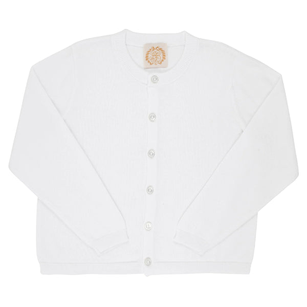 The Beaufort Bonnet Company Cambridge Cardigan is an adorable white, long-sleeve cardigan featuring a round neckline and button closure down the front. Crafted from soft Pima Cotton Knit, this piece is free of any visible patterns or designs.