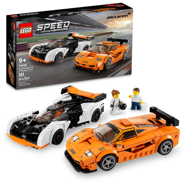 The LEGO® McLaren Solus GT and F1 set from Legos - Toyhouse features two McLaren race cars: the iconic orange F1 LM and the sleek black Solus GT. It also includes two minifigures. On the box, you'll find detailed product information and an age recommendation of 9+.