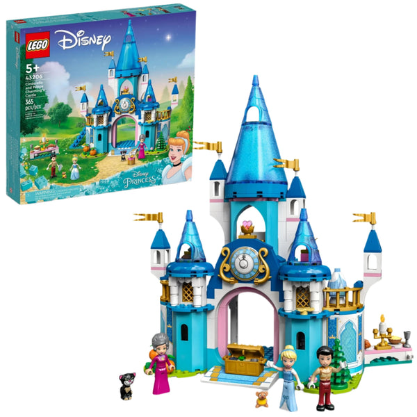 The LEGO® Disney Cinderella and Prince Charming's Castle set from Legos - Toyhouse features Cinderella's Castle in a stunning blue, complete with characters and animals. The box in the background shows an illustration of the assembled set and details for ages 5 and up, with 365 pieces.