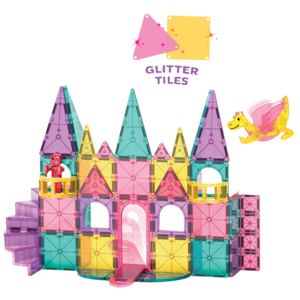 A vibrant MAGNA-TILES® Castle DXL 48-Piece Set by Magnatiles, constructed with glitter tiles and showcasing towers, arched windows, a slide, a figurine in a tower, and a flying pink and yellow dragon nearby. This magnetic wonder inspires imaginative play for all young builders.