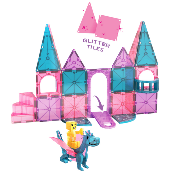 The MAGNA-TILES® Castle 25-Piece Set by Magnatiles, crafted from translucent, colorful magnetic tiles known as "GLITTER TILES," boasts an exclusive Dragon Figure at the front and a whimsical spiral staircase inside.