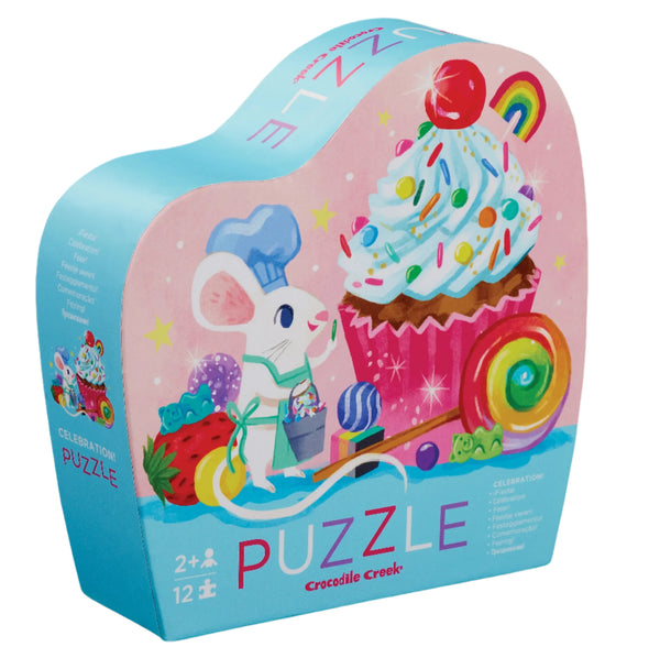 This vibrant Crocodile Creek Celebration! 12 Piece Mini Puzzle, designed for children aged 2 and up, showcases a whimsical mouse sporting a chef hat amidst delightful cupcake and lollipop motifs, making it an ideal jigsaw puzzle for young kids.