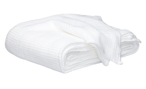 A folded Matouk Chatham Blanket, White is placed against a plain white background.