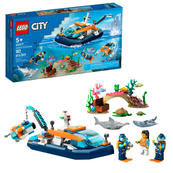 LEGO® City Explorer Diving Boat set 60377, part of the LEGO City Explorer series by Legos - Toyhouse, features an underwater exploration scene with a submersible, two minifigures, a dolphin, and accessories. This engaging building toy set is recommended for ages 5+ and comes in a box vividly displaying the set.