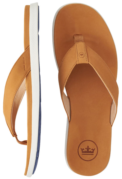 A pair of Peter Millar Hyperlight Slide Flip Flops by Peter Millar in brown with white and blue anti-slip rubberized soles. One is shown in a top view, highlighting the anatomically molded footbed, while the other offers a side view for added perspective.