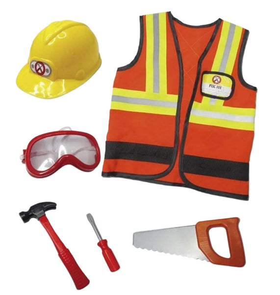 The Great Pretenders Construction Worker Set by Great Pretenders includes a yellow hard hat, an orange safety vest with reflective stripes, red goggles, a red hammer, a red screwdriver, and a saw for children's dress-up-and-play activities.