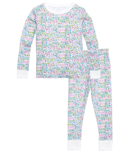 The Joy Street Two Piece Pajamas, Palm Beach by Joy Street are children's pajamas made from Pima Cotton, featuring long sleeves and pants with a colorful Palm Beach print on a white background. The outfit is finished with white cuffs and collar, perfect for cozy nights.