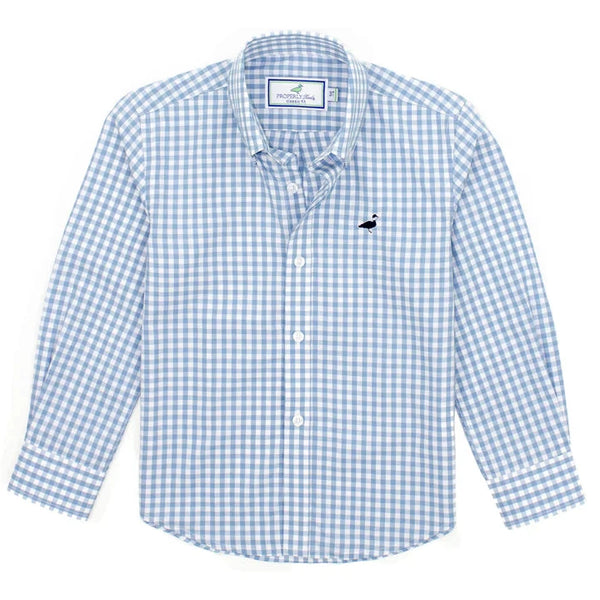 The Properly Tied Seasonal Sportshirt by Properly Tied is a blue and white checkered button-up crafted from a soft cotton blend and features a small embroidered whale pocket logo on the chest.