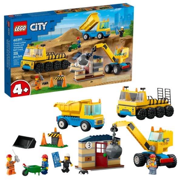 The LEGO® City Construction Trucks and Wrecking Ball Crane set by Legos - Toyhouse includes a dump truck, wrecking ball crane, construction site, and mini-figures. This 235-piece set is suitable for ages 4 and up and comes with its original box.