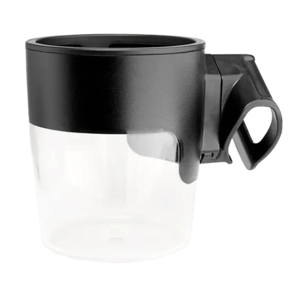 The Nuna MIXX & Demi Cup Holder is a transparent accessory featuring a black mounting bracket, designed for easy attachment to car doors or strollers, and perfectly compatible with the MIXX & DEMI series.