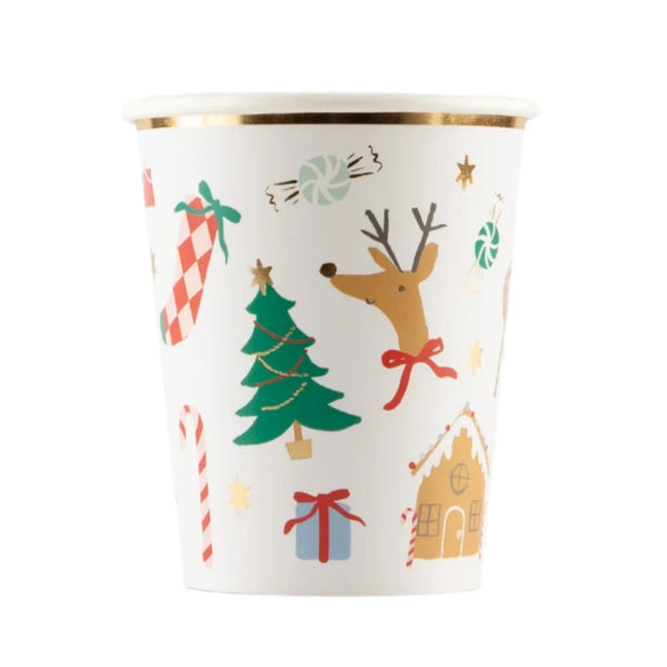 Introducing the Meri Meri Jolly Christmas Cups, a set of 8 festive holiday cups featuring designs such as reindeer, Christmas trees, candy canes, gingerbread houses, and gift packages. Enhanced with elegant gold foil details from the brand Meri Meri, these cups are perfect for any festive celebration.