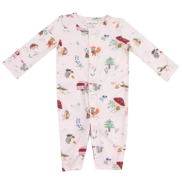 Introducing the Angel Dear Cute Animal Campers Convertible Gown by Angel Dear, a white baby onesie adorned with charming forest animal and tree prints. Crafted from soft bamboo fabric for ultimate comfort, it features long sleeves and a convenient front snap closure. It's also machine washable for easy care.