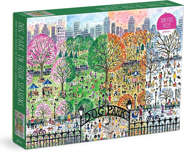 Experience the enchanting allure of a Michael Storrings creation with **Chronicle Books' Michael Storrings Dog Park in Four Seasons 1,000 Piece Puzzle**. This intriguing puzzle masterfully depicts a lively park scene across all four seasons, featuring people, dogs, and trees adorned in a spectrum of breathtaking seasonal hues.