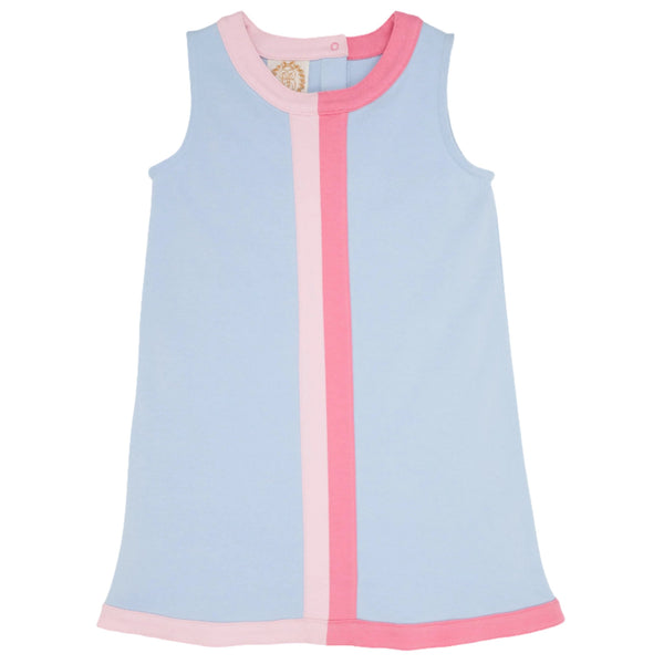 The Beaufort Bonnet Company Daisy Dress from The Beaufort Bonnet Company showcases a sleeveless design with a light blue body accented by pink vertical stripes down the middle and near the hem. It features a round neckline and is made from soft Pima Cotton Knit, adding a touch of luxury to your little one's wardrobe.