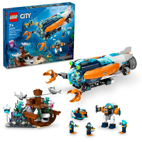 Introducing the LEGO® City Deep-Sea Explorer Submarine set from Legos - Toyhouse, featuring a detailed submarine, an underwater base, marine figures, and various accessories. This exciting building toy includes 842 pieces and is perfect for ages 7 and up.