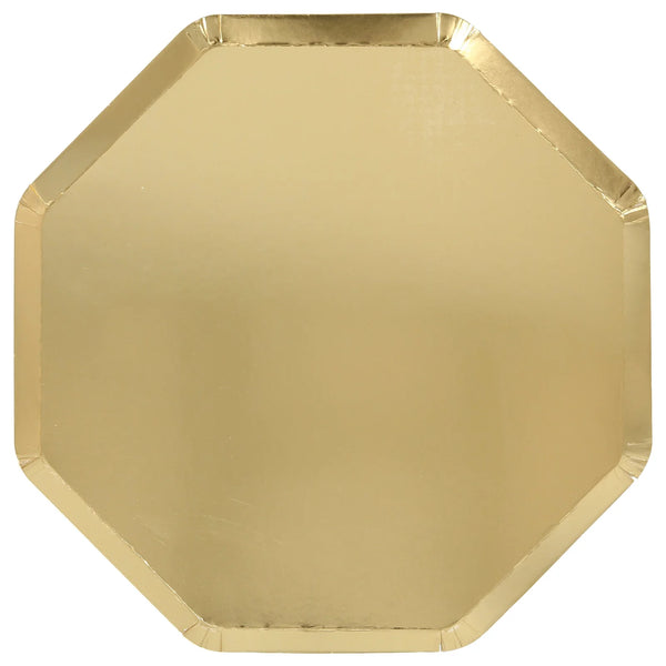 Experience the elegance of Meri Meri Gold Dinner Plates, featuring an octagonal design with a smooth surface and subtly raised edges, adorned with intricate gold foil details.