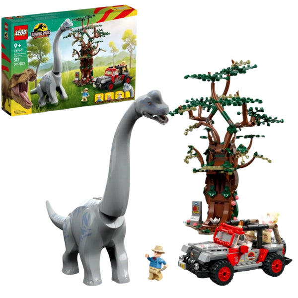 The LEGO® Jurassic Park Brachiosaurus Discovery set from Legos - Toyhouse features a large gray dinosaur, a tall tree, a jeep, and two minifigures. The box displaying this exciting building toy set is also visible in the background.