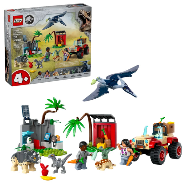 The LEGO® Jurassic World playset from Legos - Toyhouse showcases an exciting jungle scene complete with minifigures, a vehicle, a pterodactyl figure, and various accessories. The boxed set, named the LEGO® Jurassic World Baby Dinosaur Rescue Center, features an engaging Baby Dinosaur Rescue mission. This set is suitable for children ages 4 and up.