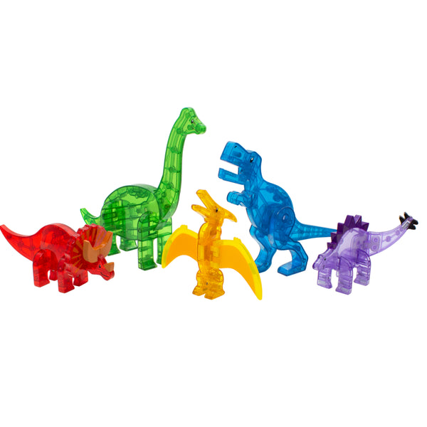 Introducing the MAGNA-TILES® Dinos 5-Piece Set by Magnatiles: This collection features five vibrant, translucent toy dinosaurs, including a red triceratops, green brachiosaurus, yellow pterodactyl, blue tyrannosaurus rex, and purple stegosaurus. Designed to seamlessly integrate with the MAGNA-TILES® system for enhanced STEM learning.