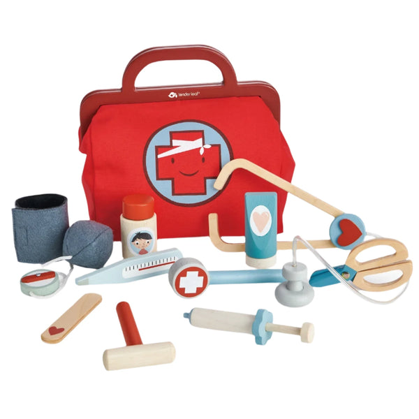 The Tender Leaf Doctor's Bag by Tender Leaf Toys, featuring a red toy doctor's bag, is an enchanting toy medical kit complete with wooden medical tools such as a stethoscope, syringe, and thermometer beautifully displayed in front.