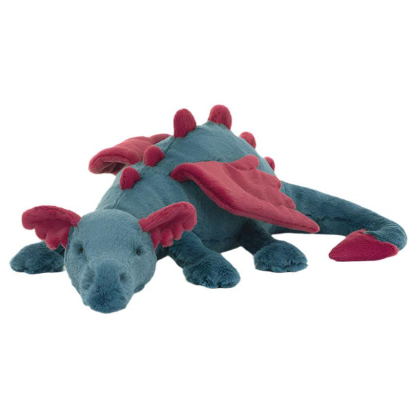 Introducing the Jellycat Dexter Dragon, Huge—a teal and red plush toy from Jellycat with snugglesoft fur. Lying down with intricate wings, scales, and spikes, it’s perfect for monster hugs!