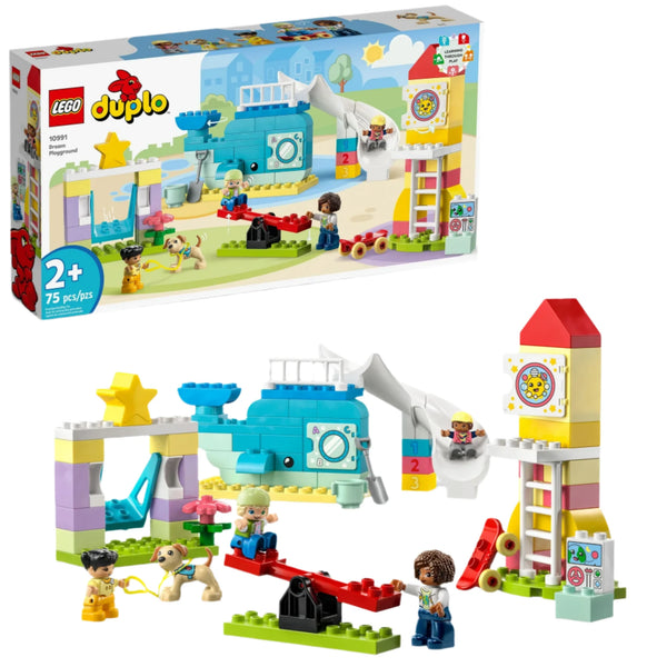 The LEGO® DUPLO® Dreamland Playground by Legos - Toyhouse is a 75-piece construction set designed for ages 2+, featuring figures, a slide, a swing, and various colorful playground items. It is displayed both assembled and in its packaging.