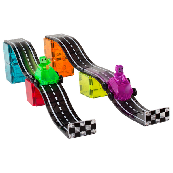 The MAGNA-TILES® Downhill Duo 40-Piece Set by Magnatiles, designed for ages 3 and up, includes vibrant magnetic tiles and race track components. It boasts an award-winning label and displays images of penguin figures on ramps, making it ideal for STEAM learning.