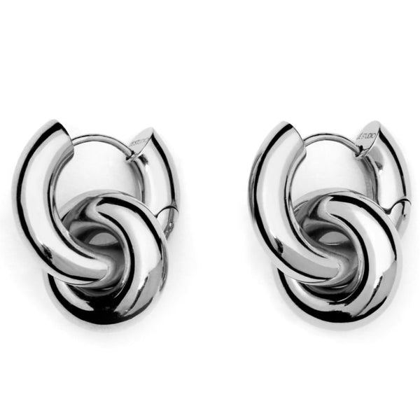 A pair of LIÉ STUDIO Esther Earrings featuring a looped knot design and a chrome finish, these stunning statement earrings from Lie Studio are crafted from 925 Sterling silver.