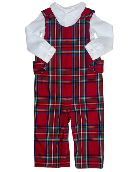 A toddler's outfit with Brown Bowen & Co. Liberty Square Longalls and a white collared shirt, perfect for dressing your little gentleman in a classic and timeless style from Brown Bowen & Company.