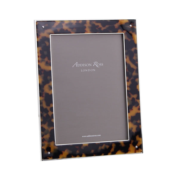 A 5 x 7 photo frame by Addison Ross, featuring a faux tortoise shell pattern with silver plate accents and the text "Addison Ross London" in the center.