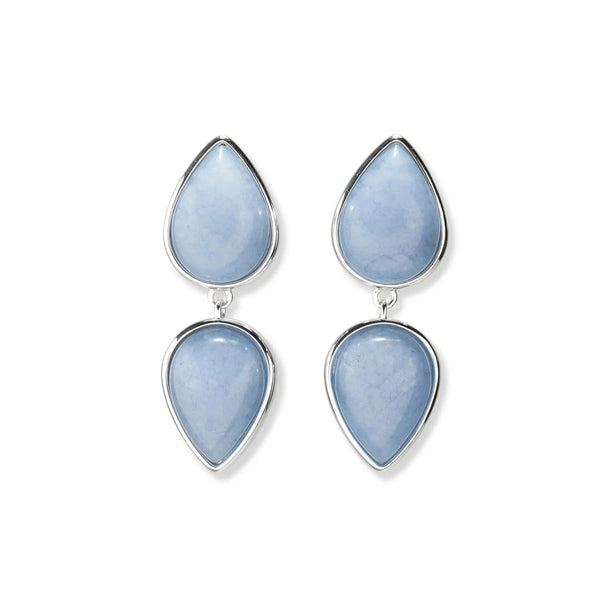 The Lizzie Fortunato Electra Earrings from Lizzie Fortunato feature elegant blue teardrop designs with sterling silver posts, showcasing a smaller teardrop dangling above a larger one in a shimmering silver outline.