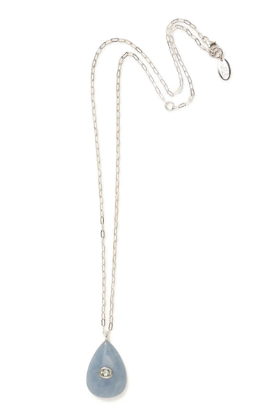 The Lizzie Fortunato Avalon Necklace is a silver-plated brass necklace featuring an angelite teardrop pendant with a small central gemstone.