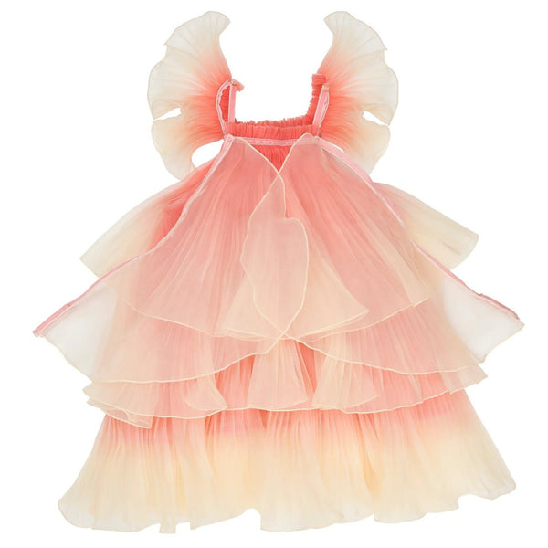 The Meri Meri Fairy Costume by Meri Meri is a sleeveless dress featuring a layered, ruffled skirt and a beautiful gradient color scheme that transitions from light pink at the top to creamy white at the bottom.