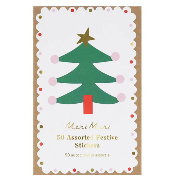 The "Meri Meri Festive Stickers (50 sheets)" by Meri Meri are ideal for enhancing your Christmas cards. They feature a design of a green Christmas tree with a gold star, red trunk, and pink ornaments surrounded by a dotted border, adding a joyful touch.