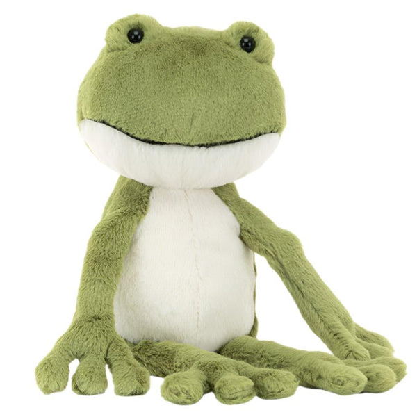 Introducing the Jellycat Finnegan Frog, a delightful plush toy from Jellycat, featuring long arms and a snug white belly, seated upright against a plain background.