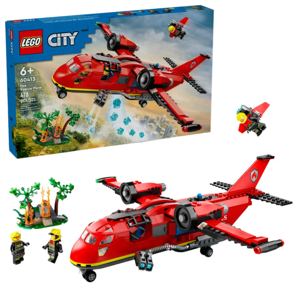 The LEGO® City Fire Rescue Plane by Legos - Toyhouse (set number 60413) features a red fire-rescue plane, a burning tree, and firefighter minifigures. The box art showcases the fully assembled plane from set 60413 with water pieces against a scenic background.