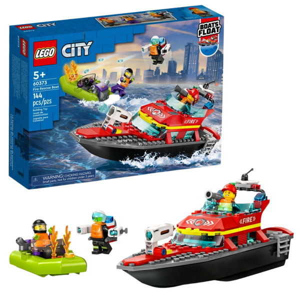 The LEGO® City Fire Rescue Boat set from Legos - Toyhouse sparks imaginative play with a vibrant red fireboat, figures including a firefighter and sailor, and a mini watercraft. Designed for ages 5+, this set contains 144 pieces, making it perfect for thrilling firefighting adventures.