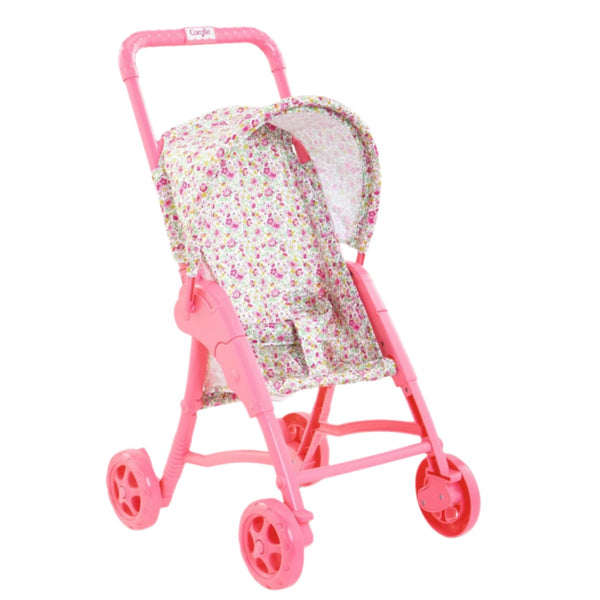 The Corolle Baby Doll Stroller Floral from the Corolle brand boasts a delightful pink design with four wheels and a vibrant floral canopy, making it perfect for your baby's first doll.