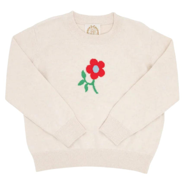 The Beaufort Bonnet Company Isabelle's Intarsia Sweater is a cream-colored sweater made from 100% cotton yarn, showcasing a vibrant red flower design on the front center.