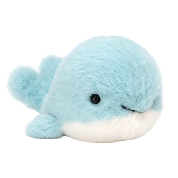 The Jellycat Fluffy Whale, crafted by the renowned brand Jellycat, is a cuddly swimmer adorned in soft baby-blue fur, featuring a gentle whale design with a white belly and small black eyes.