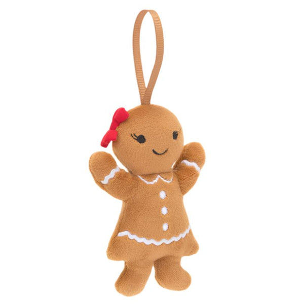 Introducing the Jellycat Festive Folly Gingerbread Ruby Ornament: a delightful plush gingerbread figure featuring a charming red bow, embroidered icing buttons, and a convenient hanging loop on top. Ideal for bringing festive cheer to your Christmas party decor!