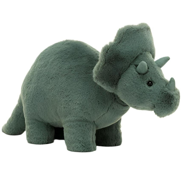 Jellycat's Fossilly Triceratops, Medium, features a soft polyester fill and showcases small horns and a frilled head, facing right.