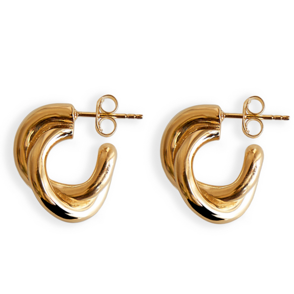 A pair of LIÉ STUDIO Diana Earrings, 18 carat gold plated twisted hoops with stud backings, placed side by side.