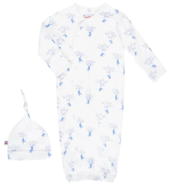 The Magnetic Me Love Our Friend-Chimp Gown and Hat Set by Magnetic Me is a white newborn sleeper gown made from organic cotton, featuring a charming blue floral pattern and comes with a coordinating hat.