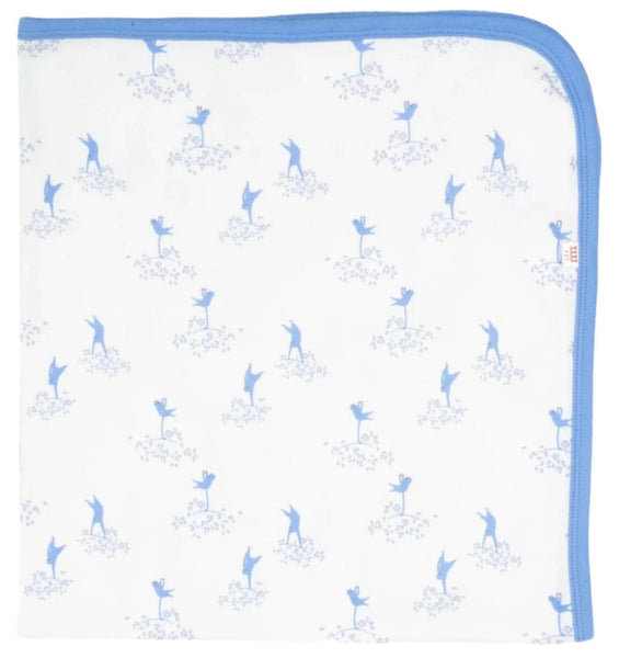 The Magnetic Me Love our Friend-Chimp Blanket by Magnetic Me is a certified organic cotton baby blanket, ideal for strollers, featuring a white cloth with a blue border and a repeating pattern of blue rabbits and plants.