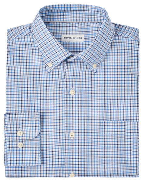 A folded Peter Millar Albert Crown Lite Cotton-Stretch Sport Shirt in blue and white checkered pattern with a "Peter Millar" label on the collar, featuring easy-care performance yarns.